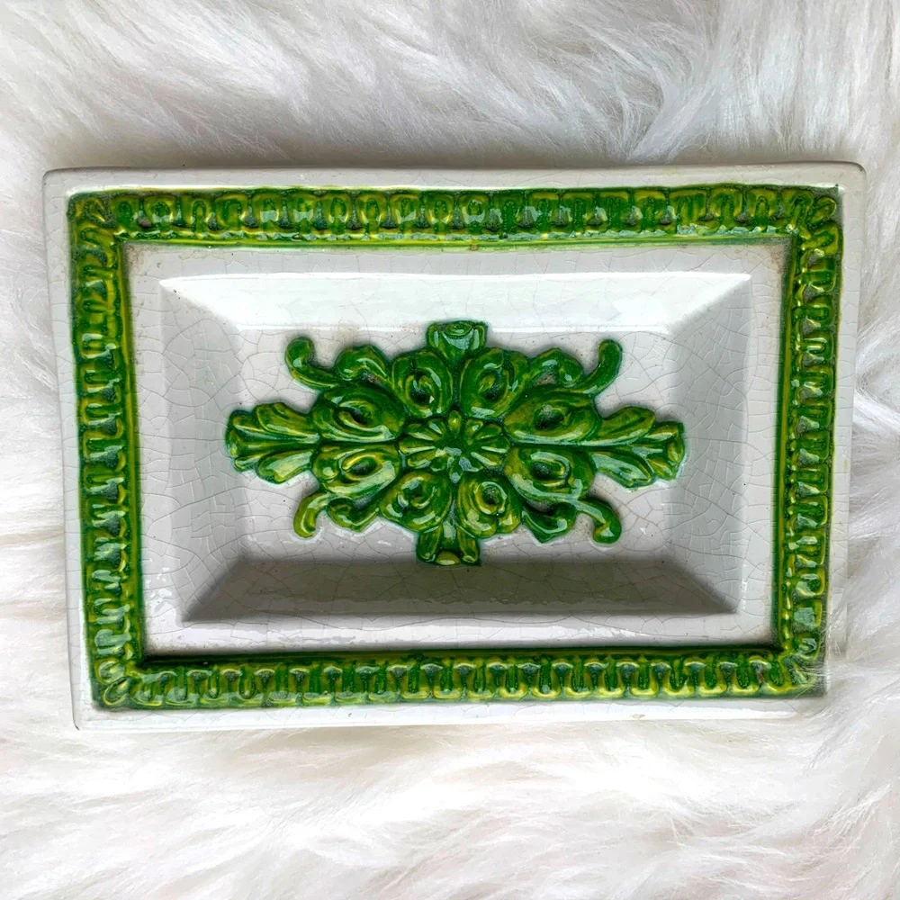 Green and White Decorative MCM Vintage Italian Dish Made In Italy